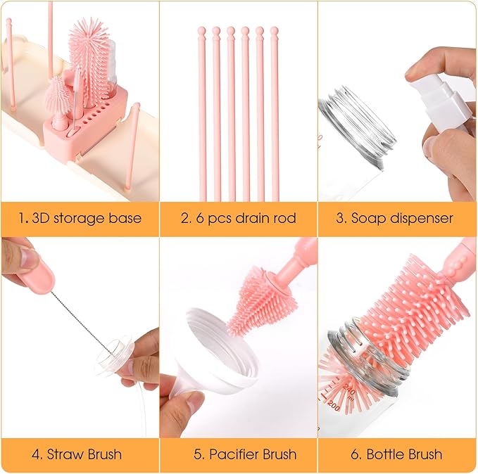 Portable Baby Bottle Brush Set, 7-in-1 Travel Baby Bottle Cleaning Kit, Portable Bottle Washing Kit with Silicone Bottle Brush, Nipple Brush, Straw Brush, Drying Rack for Home and Travel (Pink)
