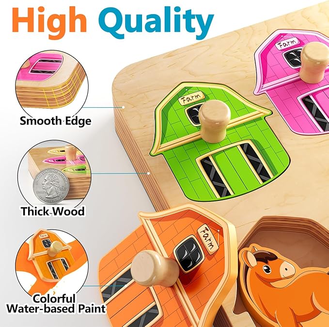 Wooden Puzzles for Toddlers 1-3 : Farm Animal Peg Puzzles, Preschool Learning Activities, Toddler Toys Age 1-2, Montessori Toys for 1 2 Year Old Boy Girl Christmas Birthday Gift