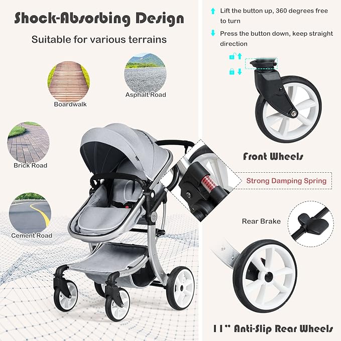 BABY JOY 2-in-1 High Landscape Baby Stroller, Reversible Bassinet Reclining Stroller, Foldable Push Chair w/Adjustable Canopy, Storage Bag, Foot Cover, Rain Cover & Net, Aluminum Alloy Frame (Gray)