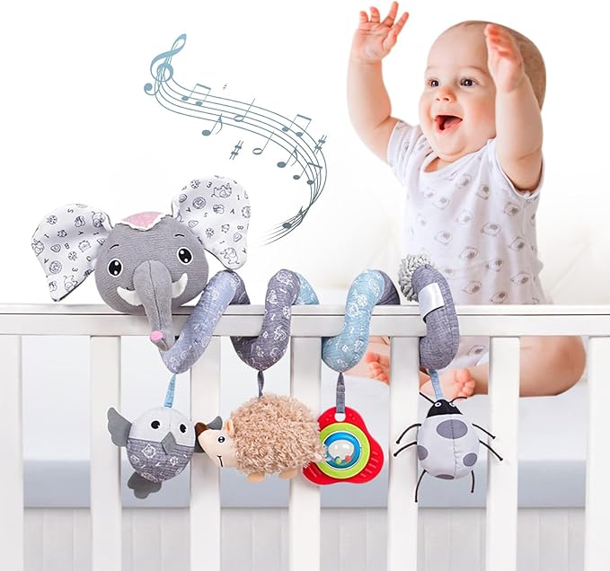 Jollybaby Crib Stroller Car Seat Toys for Baby 0-3-6-9-12 Months, Tummy Time Hanging Sensory Toys for Newborn with Music Box and Teether, Spiral Carseat Toy for Boys Girls Gifts (09-Sz Gray Elephant)