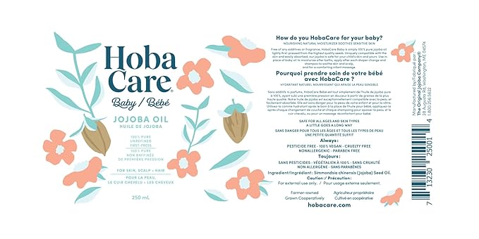 HobaCare Jojoba Baby Oil with Pump Dispenser – 100% Pure Natural Unrefined Unscented Hexane Free Cold Pressed Jojoba Oil for Baby Hair, Infant Skin, Scalp Moisturizing, Body Care Shower Gift (8.45 oz)