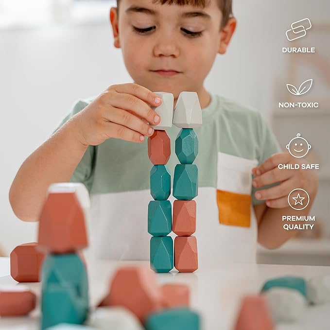 Comfy Cubs Stacking Rocks 36 Pieces, 36 Months+, Educational Toddler Stacking Blocks, Promotes Imagination, Balance & Fine Motor Skills - Wooden Rocks Sensory Toys Gift for Kid, Dino Pack