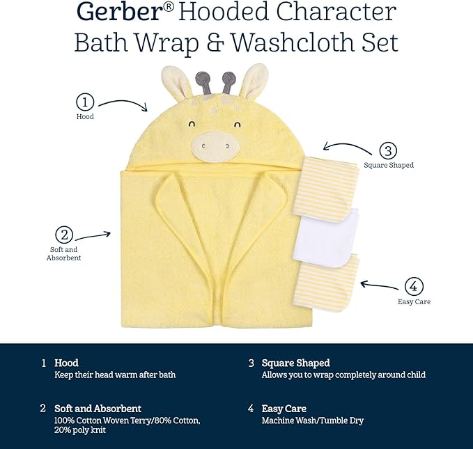 Gerber Baby 4 Piece Animal Character Hooded Towel and Washcloth Set, Yellow Giraffe, One Size