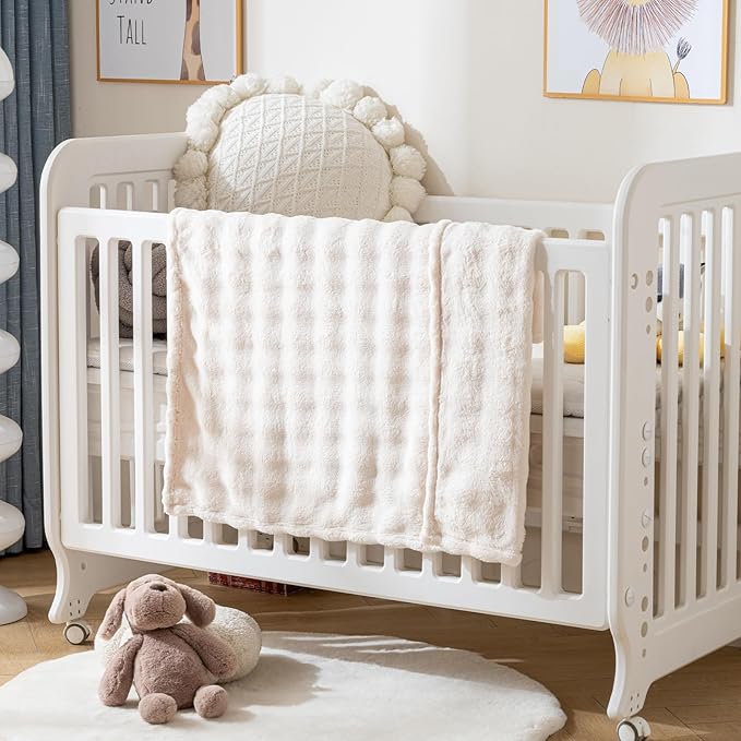 Fleece Baby Blanket for Boys 3D Bubble Design, Warm Cozy and Fluffy Infant Newborn Toddler Small Receiving Blankets for Crib Stroller, 30x40 Inches, Off White