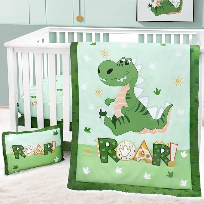 Cloele Crib Bedding Set for Boys,4 Piece Dinosaur Baby Bedding Set,Standard Size Toddler Nursery Bedding Includes Comforter,Crib Skirt,Fitted Sheet&Pillowcase,Soft Dinosaur Blanket-Green