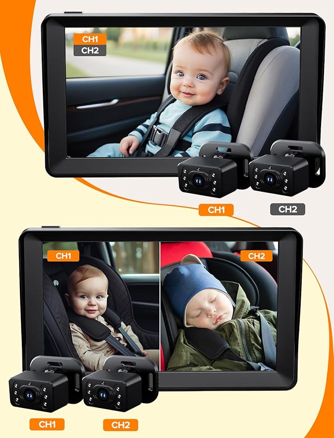 Baby Car Camera for 2 Kids - 7 Inch HD1080P Split Screen Baby Monitor with Dual Backseat Camera 150° Wide View & 360° Rotatable, Night Vision Easy Install, Rear-Facing Baby Car Mirror