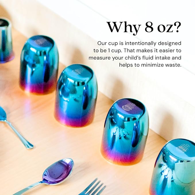 Ahimsa Stainless Steel Kids Cup - Pediatrician Designed Toddler Cups for Open Cup Training, 8oz, 100% BPA Free & Dishwasher Safe (Iridescent Blue Single)