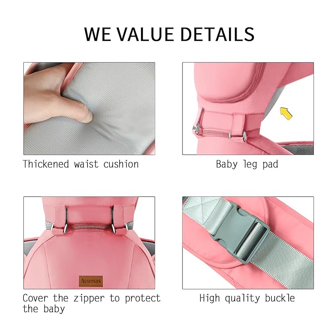 Baby Carrier with Hip Seat, Baby Carrier Newborn to Toddler, 6-in-1 Ways to Carry, All Seasons, Adjustable Baby Holder Carrier for Breastfeeding(Pink)