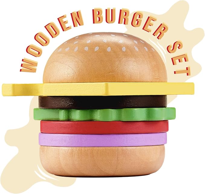 Wooden Play Food Toy for Kids Pretend Play Kitchen Accessories for Toddlers Wooden Play Fast Food Hamburger Set Educational Toys Gift for Boys Girls