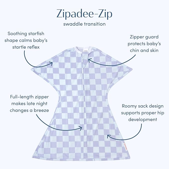 SleepingBaby Zipadee-Zip Transition Swaddle - Cozy Baby Swaddle Blanket with Zipper Convenience - Roomy Wearable Blanket for Easy Diaper Changes - Lavender Check, Medium (6-12 Month)