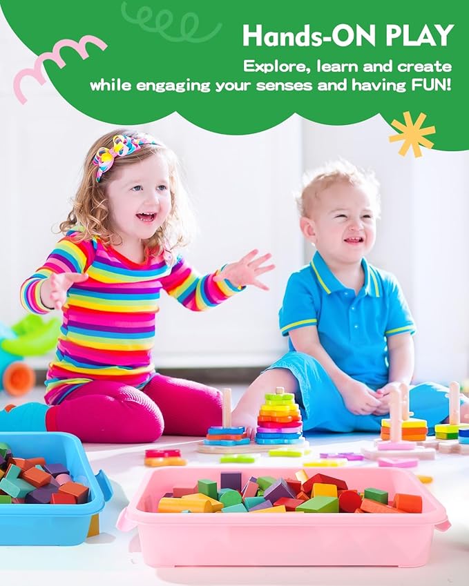 Sensory Bin Sand Tray with Lid for Toddlers 2 Pcs 15in Portable Sandbox Toy Large Plastic Tray for Kids 3 4 5 6 Fill with Sand, Water, Beads, and More (Pink + Blue)