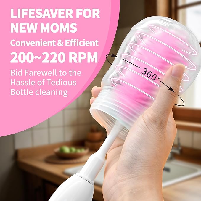 Electric Bottle Brush Cleaner, Portable Electric Baby Bottle Brush Cleaner for Travel, Rechargable Travel Bottle Cleaner Kit with Nipple & Straw Brush, Perfect Mom Essentials After Birth Gift, Pink