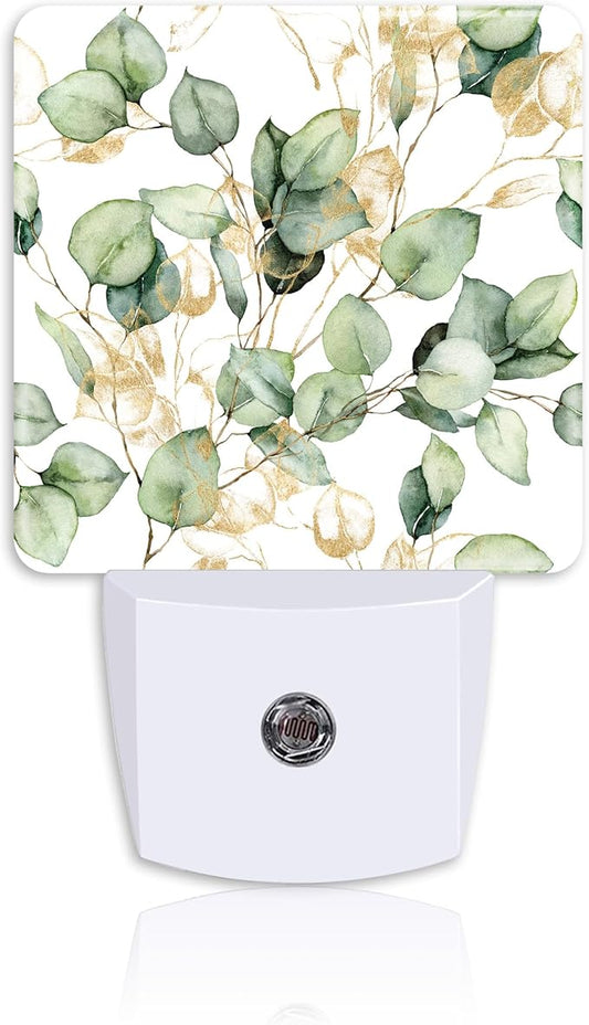 Night Light,Watercolor Eucalyptus Leaf Plug-in Night Light Auto Dusk-to-Dawn Sensor Gold and Green Leaves Energy Efficient LED Lamp for Room Decor,Hallway,Kitchen,Bathroom,Nursery,Stairs