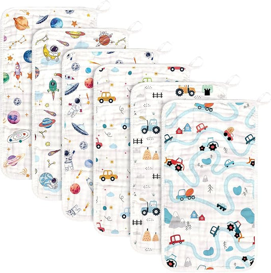 Baby Burp Cloths Muslin Washcloths 6 Pack Muslin Burp Cloths 100% Cotton Large 20''x12'' Soft 6 Layers Baby Burp Rags for Boys Girls Baby Essentials for Newborn Gift Machine Washable
