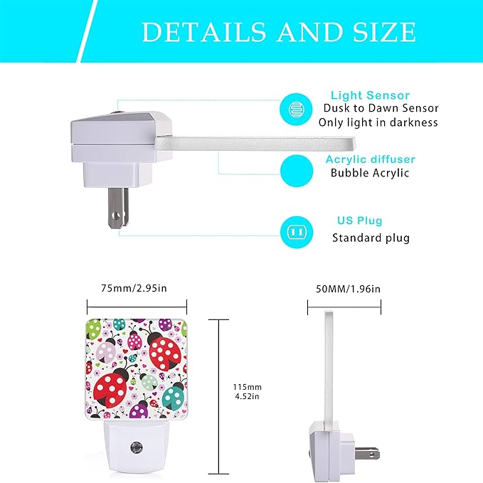 Ladybug Night Light,Cartoon Cute Ladybugs Plug in Night Lights Auto LED Lamp Energy Saving Square Lights for Boys Girls Men Women Gifts