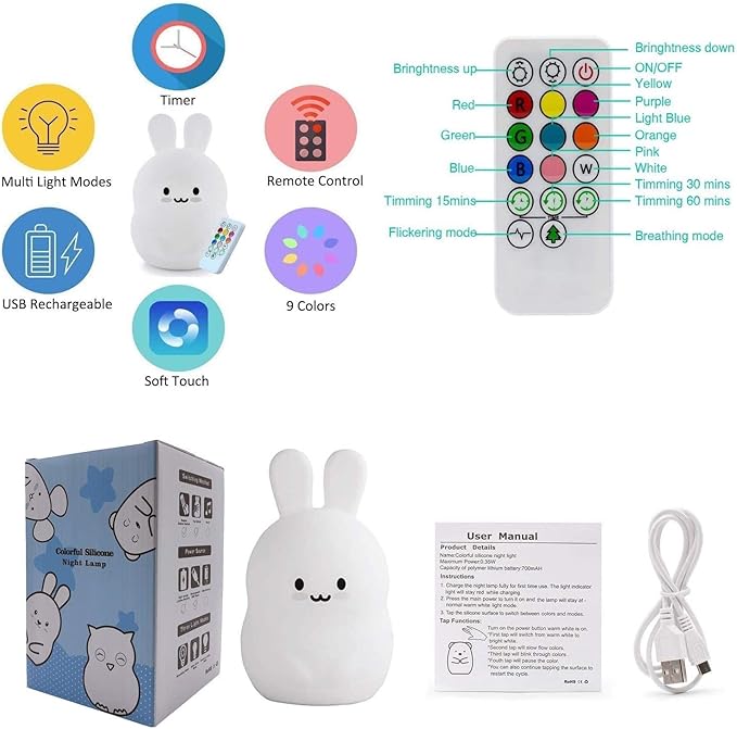 Night Light, Big Size Night Light for Kids, Bedside Lamp, Multicolor Light with Remote Control, Break Resistant, Eye Caring, Adjustable Brightness & Color, Timing Function - Large Rabbit