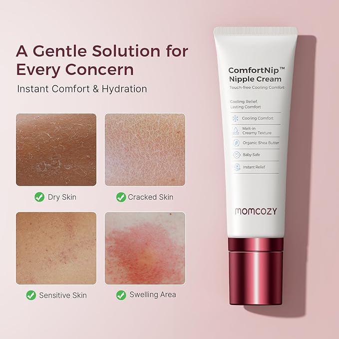 Momcozy ComfortNip™ Cooling Comfort & Touch Free Nipple Cream, Nipple Cream for Breastfeeding, Instant Relief, Plant-Based Formula, Newborn Essentials with Cooling Ceramic Applicator, 1.76oz