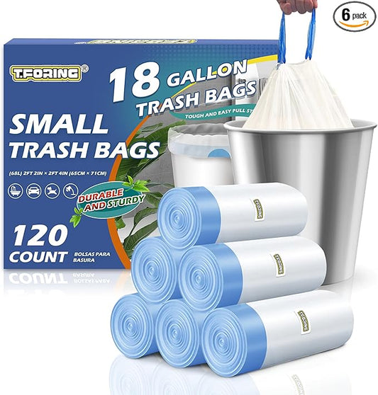 18 Gallon Trash Bags with Drawstring - 120 Count Heavy Duty 1.25 Mil Garbage Bags 68 Liter Tall Kitchen Bin Liners Unscented White for Home Yard Lawn