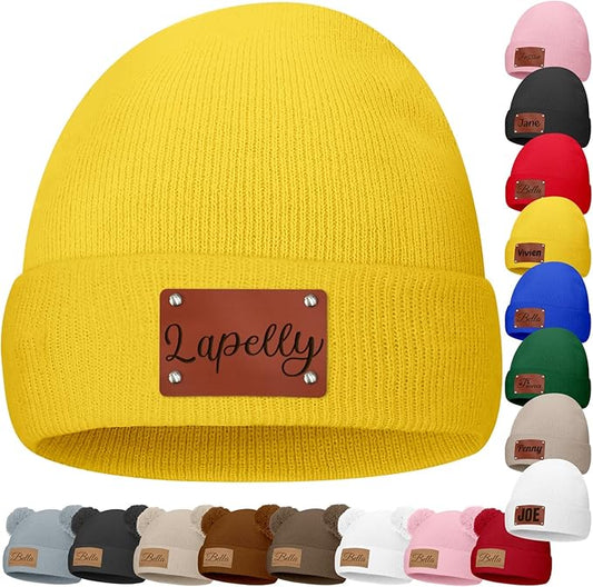 Custom Baby Beanies Personalized Toddler Winter Hats Name Leather Patch Kids Knit Warm Hat for Infant Boys Girls Adult