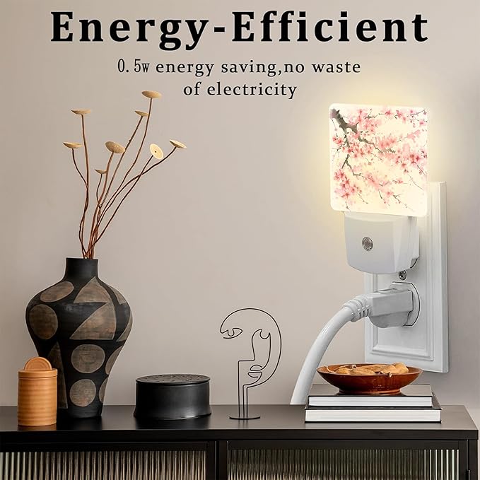 Watercolor Cherry Blossoms Tree Night Light for Kids,Abstract Pink Floral Night Light Plug in with Dusk to Dawn Sensor,0.5w Energy Saving Nightlight for Hallway Stairway Kitchen Bedroom