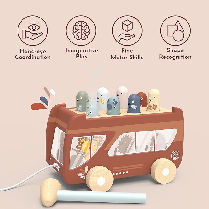 Speedy Monkey Bus Pounding Bench, Pull-Along Bus with Hammering Activity, 8 Wooden Characters, Enhances Hand-Eye Coordination, Safe Design, Non-Toxic Paint, Educational Toy for Kids 2-5 Years