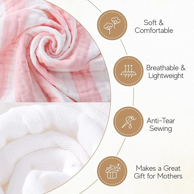 Muslin Hooded Baby Towel 4 Pack, Preuim Muslin 6 Layers Natural Cotton Baby Bath Towels, Soft and Comfortable for Boys,Girls (32x32,Pink Striped and White)