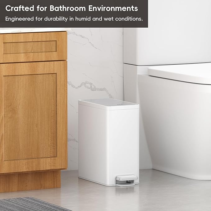 EKO Slim Small Bathroom Trash Can with Lid, Stainless Steel Small Garbage Can with Removable Inner Bucket, 6L / 1.6 Gal, Step On Trash Bin (White)
