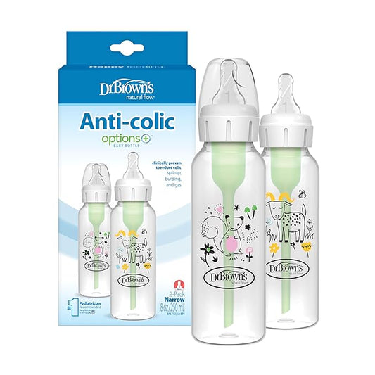 Dr. Brown's Natural Flow Anti-Colic Options+ Narrow Baby Bottle, Squirrel & Goat, 8 oz/250 mL, with Level 1 Slow Flow Nipple, BPA Free, 0m+, 2-Pack