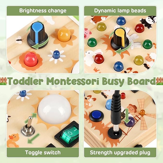 Joyreal Montessori Busy Board Wooden Sensory Toys for Toddler with LED Light Up Switch, Baby Fidget Board Travel Toys for 18+ Months, 1 2 3 Year Old Boys Girls Toddler Toy Gifts (Farm)