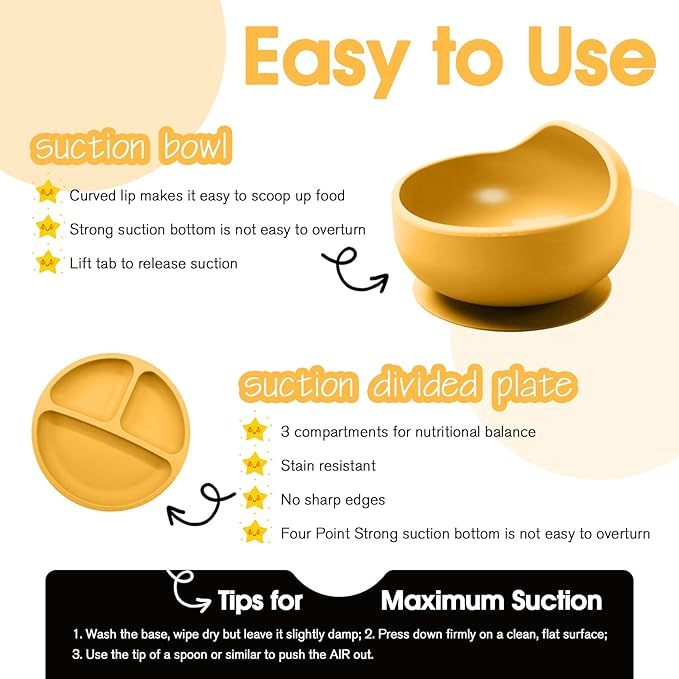 Baby Led Weaning Supplies, 17 Piece BPA-Free Silicone Feeding Set, Eating Essentials Baby Utensils with Suction Plate and Bowl, Pocket Bib, Sippy Cup with Lid, for 6+ Months, Yellow