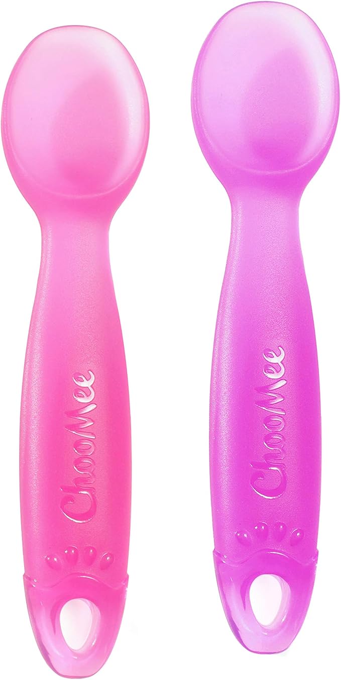 ChooMee Silicone Baby Spoons | 4 Months +, First Stage Baby Led Weaning and Self Feeding | Soft Spoon with Firm Handle | Designed in USA, BPA Free, Premium grade Platinum Silicone | 2 CT