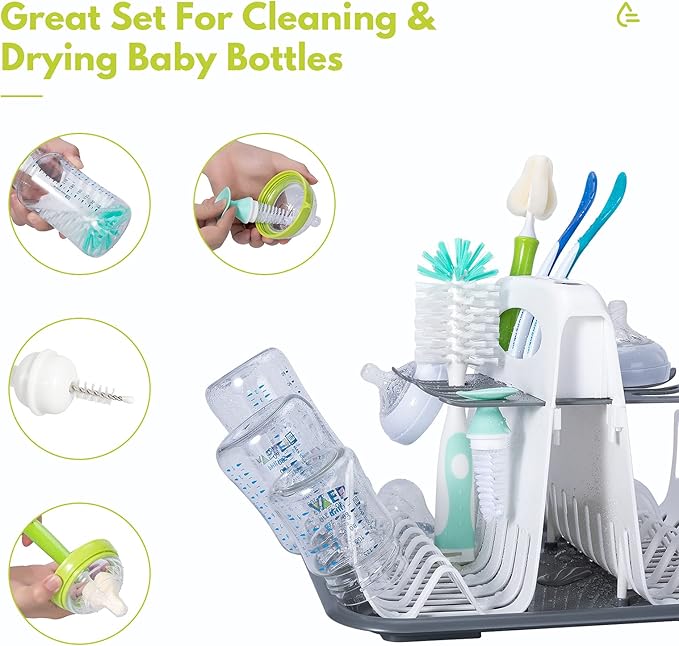High Capacity Drying Rack with 5pcs Brushes, Deluxe Countertop Drying Rack, Universal Drying Station, Baby Bottle Drying Rack with Bottle Brushes, White