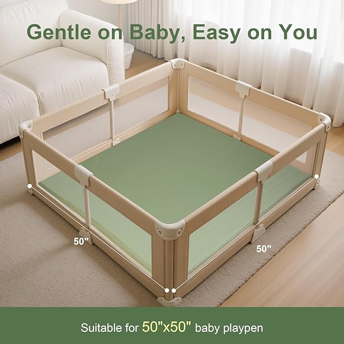 Baby Play Mat for Floor,50x50 Playpen Mat,Non-Slip Leather&Thick Foam Floor Cushion,Removable Waterproof Cover,Easy Care for Baby Crawling,Toddler,Kids,Tummy Time（Sage Green)