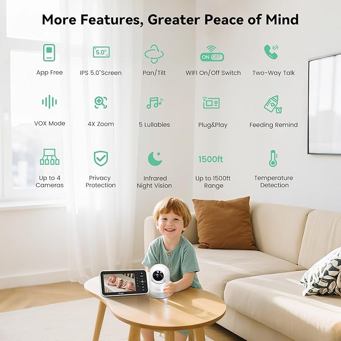 Video Baby Monitor with Camera and Audio,5'' Screen,720P,No Wifi or Free App Mode,Pan-Tilt-Zoom,Lullabies,Feeding Remind,Night Vision,VOX/ECO,2-Way Talk,1500ft Long Range,Easy Setup,30H Battery