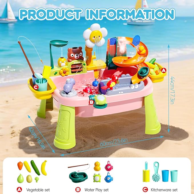 2026 Upgraded Toddler Sand Water Table Toy with Electric Water Pump, Kids Sand Water with Faucet/Play Food Accessories/Fishing Toy, Kitchen Play Sink Toys for Girl Boy Age 3+ (Pink)