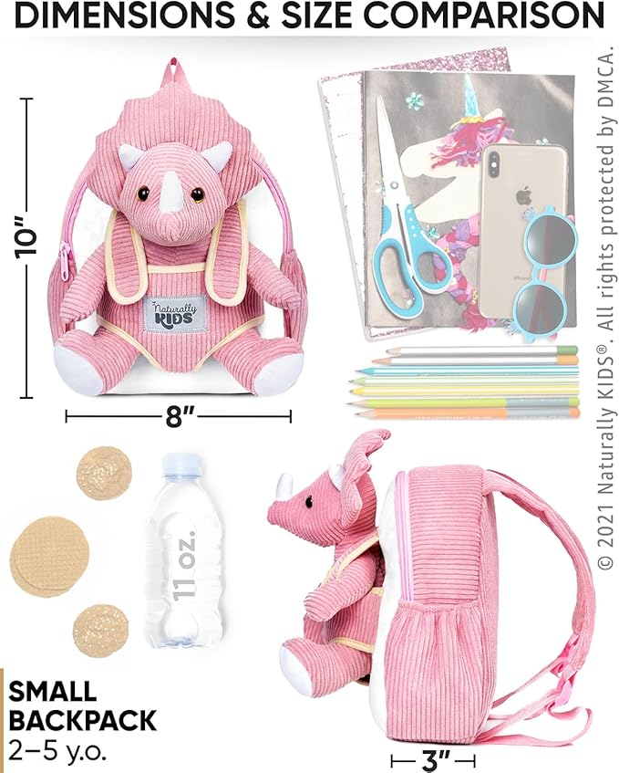 Naturally KIDS Pink Dinosaur Toys for Girls, Triceratops Toy, Dinosaur Gifts for 2 3 Year Old Girls, Toddler Backpack