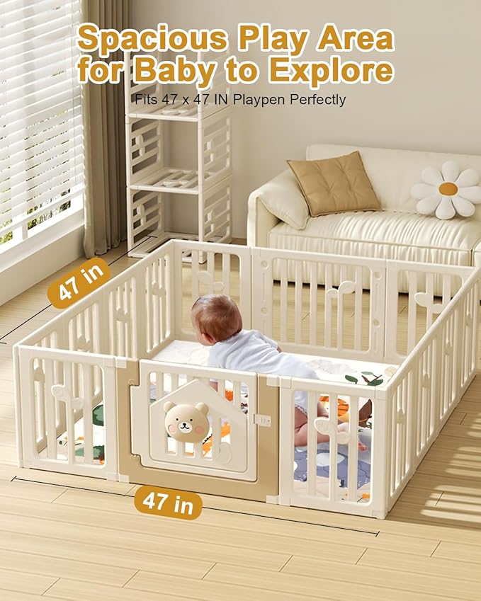 Premium Foam Baby Play Mat 47" x 47" – Removable & Machine Washable Cover, Extra Thick Padding Playpen Mat, Non-Slip Crawling Mat, Easy to Clean for Infants, Toddlers & Babies