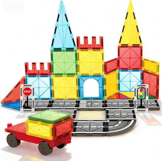 Magnetic Tiles Road Sets with Car, Magnetic Building Blocks Toys for 3+ Year Old Boys Girls, Montessori Magnet Kids Toys, Construction Toys for Ages 3 4 5 6 7 8 Christmas Birthday Gifts for Toddlers