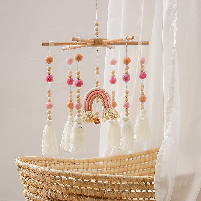Baby 2In1 Set - Rainbow Mobile Crib Hanger,Baby Wooden Mobile Arm for Crib Baby Mobile Holder Bassinet Mobile for Crib Toy Mobile for Baby ( Pink )