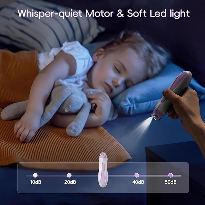 Baby Nail Trimmer Electric, 15 in 1 Baby Nail Clippers for Gentle Nail Care, Rechargeable Baby Nail File Electric with Light &15 Grinding Pads for Infant Toddler, Purple