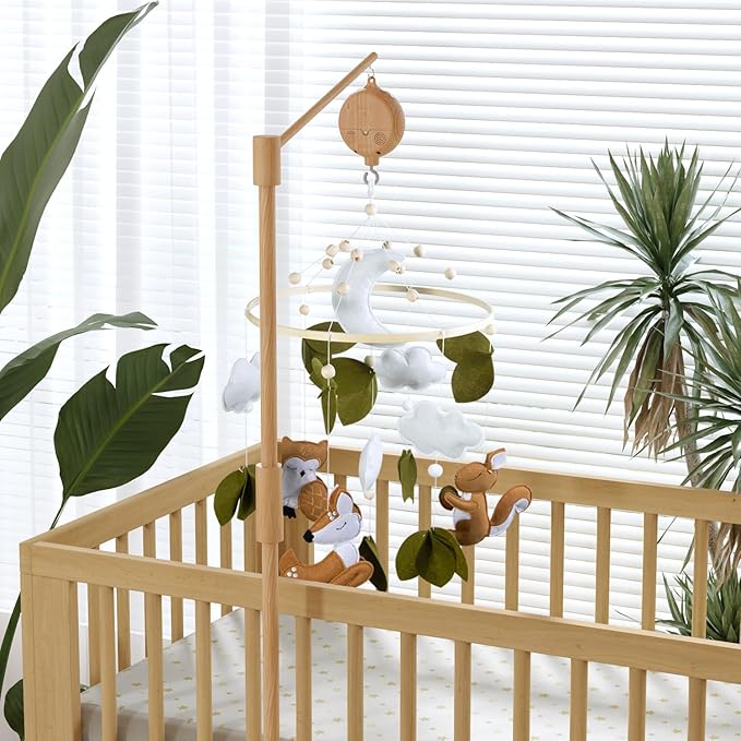 FEISIKE Baby Crib Mobile Arm with Music Box Spin Motor 3In1 Set-Squirrel Baby Mobile for Cirb, 57.4 Inch Mobile Arm for Crib Wooden Nursery Decor Hanger Holder