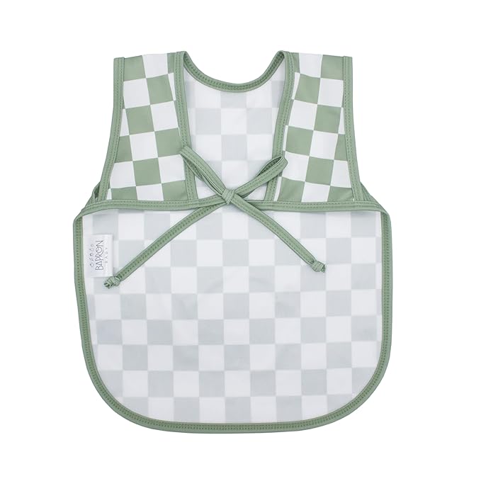 BapronBaby Sage Checkerboard Bapron - No Neck Tie Safer Bib for Baby & Toddler - Soft Waterproof Stain Resistant - Machine Washable - Sz Preschool 3-5yrs