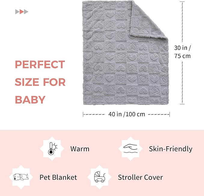 Soft Cozy Fleece Baby Blanket Heart Checkered Pattern Fluffy Plush Receiving Blanket for Newborn Infant Toddler, Warm Crib Stroller Blanket for Boys Girls 30"x40", Light Grey
