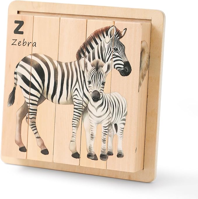 4 in 1 Wooden Animal Chunky Puzzle, 5 Solid Wood Puzzle Blocks with 4 Sides Realistic Safari Animals, Wooden Block Puzzle with Durable Base for Toddlers 3+ Years - Montessori Inspired