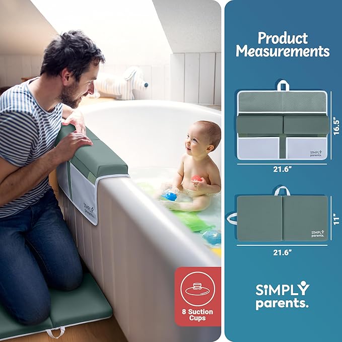 Baby Bath Kneeler and Elbow Rest Pad Set - Quick-Dry, Non-Slip Kneeling Pad for Bathing Toddler, Toy Organizer Pockets, Gift Box, Accessories for Tub, Green