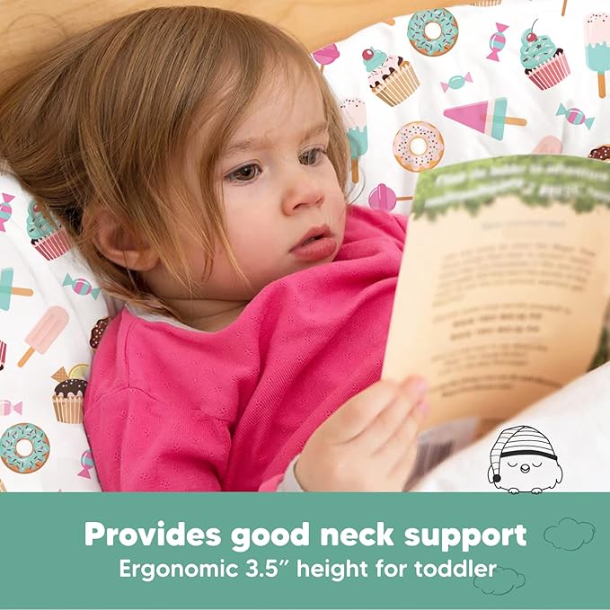 Toddler Pillow with Pillowcase - 13x18 My Little Dreamy Kids Travel Bed Pillows for Sleeping, Organic Cotton Small Pillowcase, Soft & Breathable, Machine Washable, Toddlers 2-5 years old (Sweet Tooth)