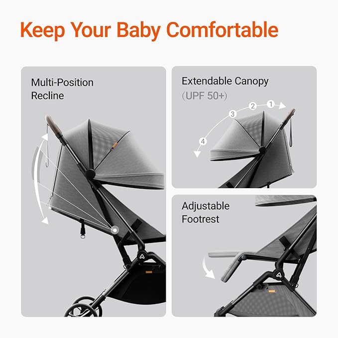 MAMAZING Lightweight Baby Travel Stroller with Carbon Fiber Frame, Compact & Airplane-Friendly, One-Handed Folding Design, 11.6 lbs, Perfect for Toddlers, Grey