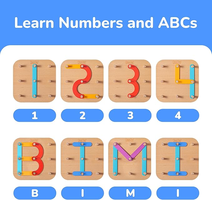 Bimi Boo Construction Activity Set: Premium Wooden Stacking Letters, Numbers, Shape Sorter Peg Board for Toddlers, Learning ABCs, Colors, Emotions (28 Sticks, 1 Board, 1 Guide Booklet)