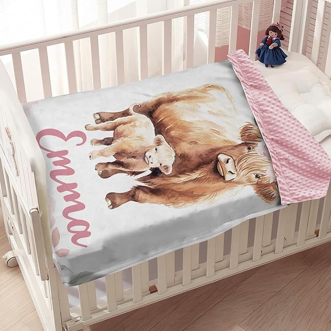 Custom Baby Blanket, Personalized Name Baby Blanket for Girls Boys, Highland Cow Double Layer Dotted Backing Receiving Swaddle Blankets, Nursery Newborns New Parents Customized Gifts(60"x80")