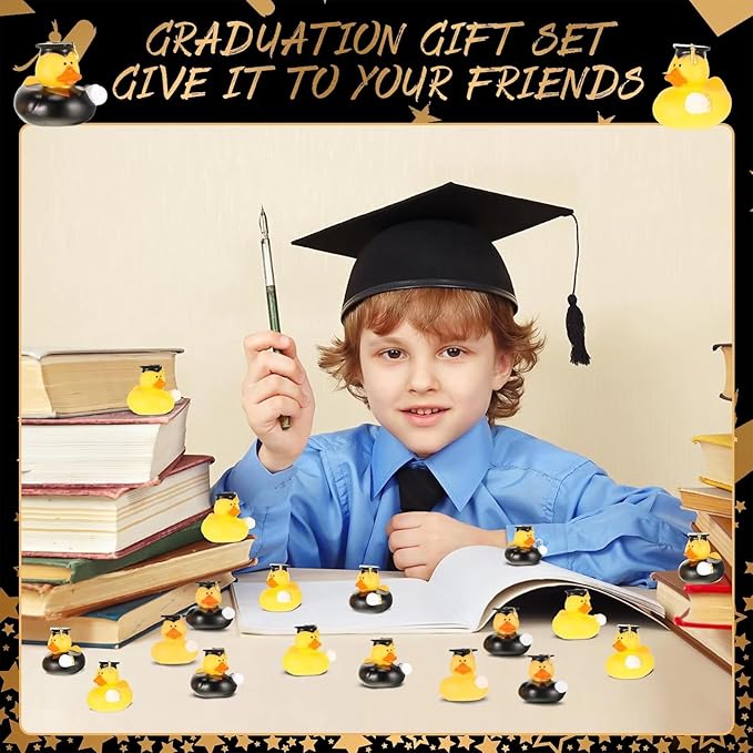 52 Pcs Graduation Rubber Duck 2025 Graduation Diploma Rubber Duckies Grad Cruise Duck Bulk Classroom Reward Prize for Student Bathtub Swimming Pool Theme Party Favors (Black Gold Color)
